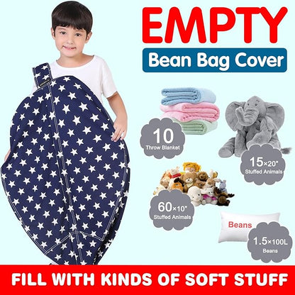 Lukeight Stuffed Animal Storage Bean Bag Chair Cover for Kids, Zipper Beanbag Chair Cover for Organizing Toddler and Kids' Rooms Plush Toys (Stars Navy, Large)