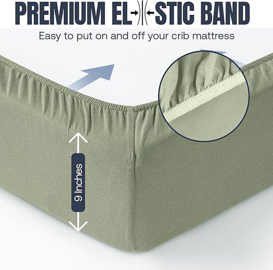 Baby Crib Standard Sheet, 100% Cotton Knitted Jersey, Pack n Play Sheet, Fitted Crib Sheets, Super Soft, Durable, Toddler Fitted Sheet, Green & Mustard Grey 28"x52"x9"'