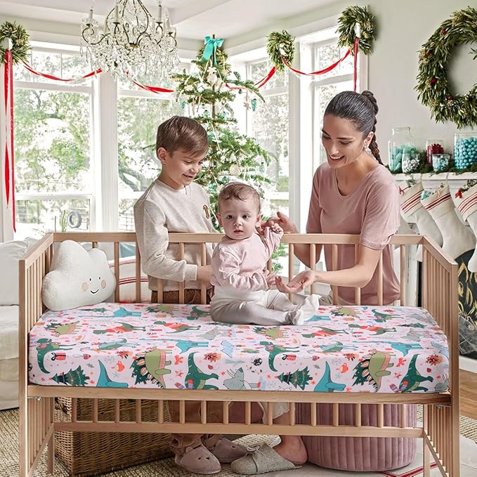 JISEN Christmas Crib Sheet Dinosaurs Fitted Crib Sheets 1 Piece Soft Baby Crib Sheets for Standard Crib and Toddler Mattress Pink Baby Bed Sheets for Crib for Baby Boys Girls Neutral 28x52 Inch