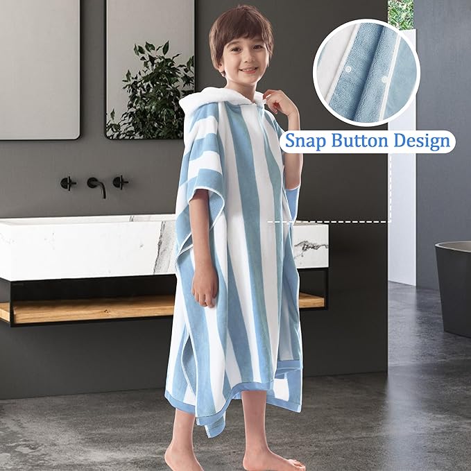 VOOVA & MOVAS Oversized Hooded Beach Towels for Teens (8-16Years), 100% Cotton Thick Absorbent Poncho Towel Robe, Perfect for Pool, Beach, Bathroom, Blue Cabana Stripe Design