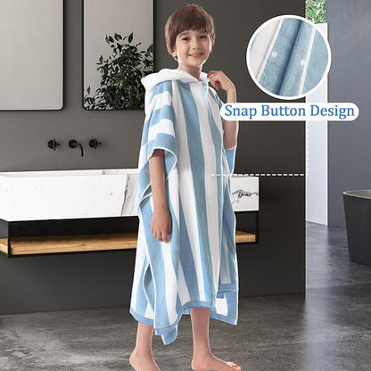 VOOVA & MOVAS Oversized Hooded Beach Towels for Teens (8-16Years), 100% Cotton Thick Absorbent Poncho Towel Robe, Perfect for Pool, Beach, Bathroom, Blue Cabana Stripe Design