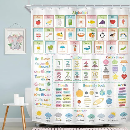 MESHELLY Kids Alphabet ABC Shower Curtain 60Wx72H Educational Funny Cartoon Cute Number Shape Baby Nursery Bathroom Curtain Colorful Bath Curtain Cloth Fabric Bathroom Accessories Decor with 12 Hooks