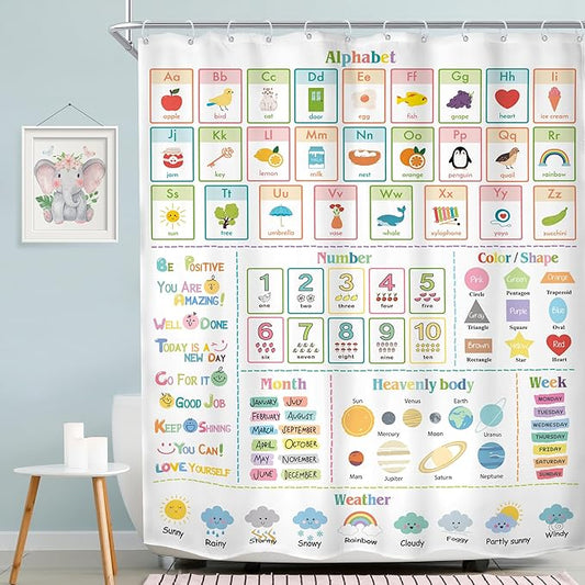 MESHELLY Kids Alphabet ABC Shower Curtain 60Wx72H Educational Funny Cartoon Cute Number Shape Baby Nursery Bathroom Curtain Colorful Bath Curtain Cloth Fabric Bathroom Accessories Decor with 12 Hooks