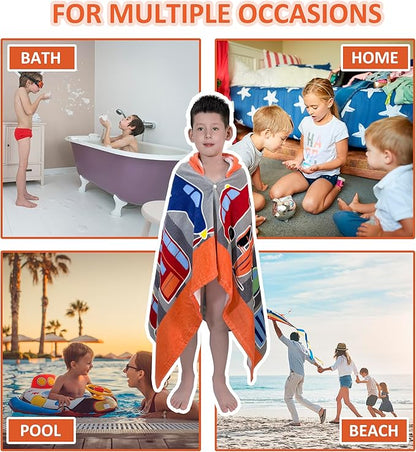 Kids Bath Towel Hooded - Cotton Kids Beach Towel 30"x50" for Ages 3 to 10, Toddler Towels with Hood Snaps, Soft Terry Poncho Towel as Pool Swim Cover Ups for Girls Boys (Vehicle)