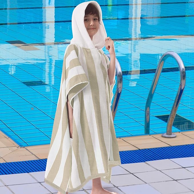 VOOVA & MOVAS Hooded Beach Towel for Big Kids | Large (8-16Years) Soft and Absorbent Cotton Poncho Towel Robe for Pool, Swim, and Bath, Tan Cabana Stripe