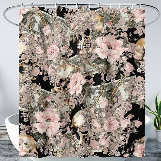 AILONEN Sugar Skull Shower Curtain for Bathroom,Romantic Rose Flower Bath Curtain for Girls Women,Money Skull Skeleton Print Waterproof Curtain with 12 Plastic Hooks, 48" W*72" H