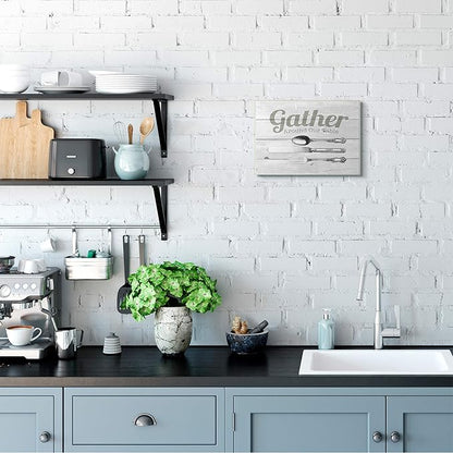 Stupell Industries Gather Silverware Kitchen Wood Texture Word, Design by The Saturday Evening Post Art, 10 x 15, Wall Plaque