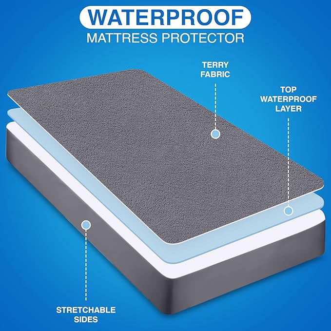 Utopia Bedding Waterproof Mattress Protector Queen Size, Premium Terry Mattress Cover 200 GSM, Breathable, Fitted Style with Stretchable Pockets (Gray)