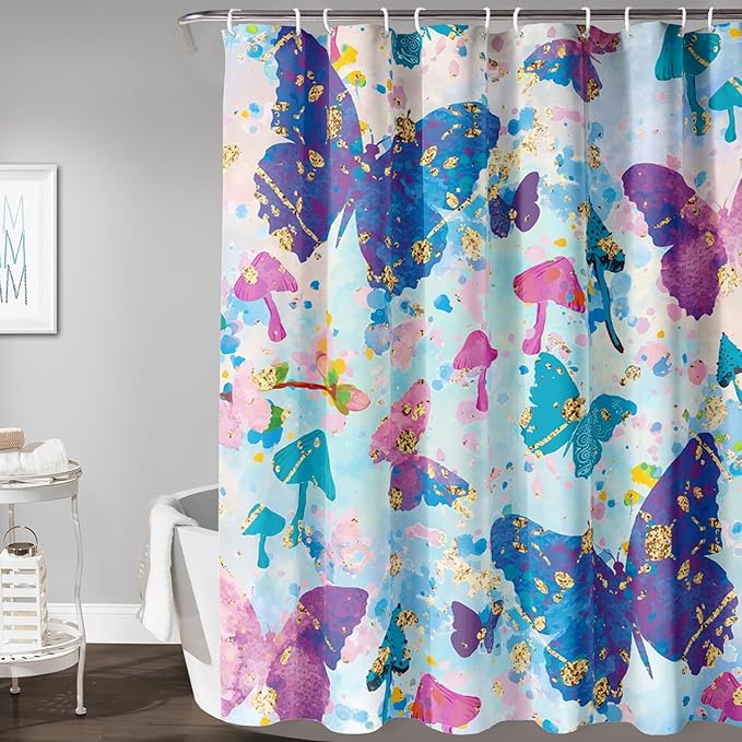 AILONEN Butterfly Shower Curtain for Bathroom, Blue Pink Tie Dye Butterfly Bath Curtain,Women Girls Bathroom Curtain,72" W*72" H Polyester Waterproof with 12 Plastic Hooks