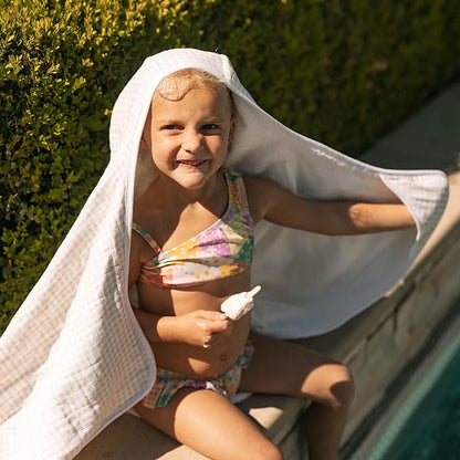 Little Unicorn Cotton Muslin & Terry Hooded Towel, Larger Size 1-6 Years (Tan Gingham)