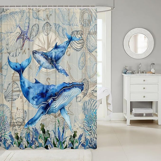 Feelyou Whale Shower Curtain Ocean Themed Fabric Shower Curtain for Kids Boys Girls Shells and Corals Bathroom Waterproof Accessories with 12 Hooks Blue and Brown Curtains,72X72 Inches