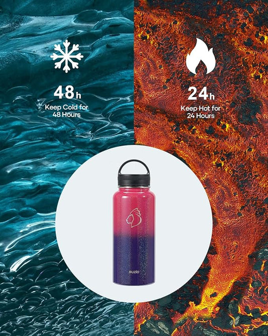BUZIO Water Bottle with Straw lid, Spout Lid, Hand Lid and Carrying Pouch, 32oz 40oz 64oz Stainless Steel Water Flask Jug, Cold for 48 Hrs Hot for 24 Hrs Double Vacuum Thermo Canteen Mug, BPA-Free