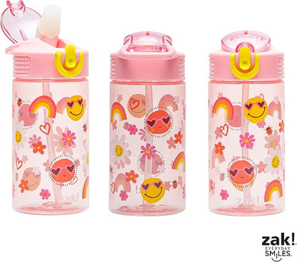 Zak Designs Kids Water Bottle For School or Travel, 16oz Durable Plastic Water Bottle With Straw, Handle, and Leak-Proof, Pop-Up Spout Cover (Sunny Smiles)