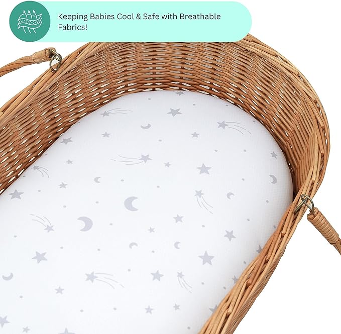 TansyPanda Bassinet Sheets for Baby Delight Snuggle Nest, Chicco LullaGo, Fisher Price, Snoo Smart, 3PC, 18 x 30 Inch, Ultra Soft, Breathable, Snug Fit, Unisex Boys, Girls (Moon, Stars, Clouds)