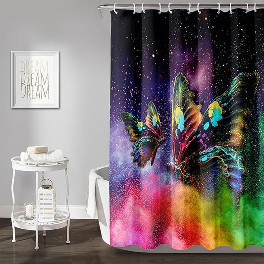 AILONEN Butterfly Shower Curtain for Bathroom, Rainbow Butterfly Bath Curtain,Modern 3D Printed Waterproof Tie Dye Shower Curtain with 12 Plastic Hooks (Kids/Girls/Women/Teen/) 72" W*84" H