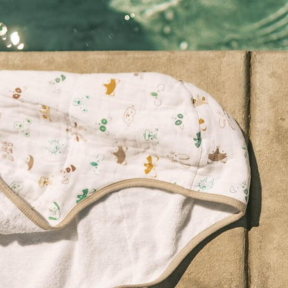 Little Unicorn Cotton Muslin & Terry Hooded Towel, Larger Size 1-6 Years (Animal Crowd)