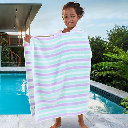 VOOVA & MOVAS Kids Hooded Bath Towels Quick Dry - (3-10Years) - Absorbent Lightweight Hooded Cotton Towel for Pool | Swim | Beach | Bath, Boys Wrap Towel with Hood, Aqua Purple Stripe