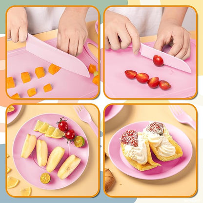 TJ POP Kids Knives for real cooking, Safe Knives Set 6 Pcs for Children, Kids' Baking Supplies with Cutting Board & Dishes, Toddler Knife Good Soft Grips, BPA-Free (Pink)