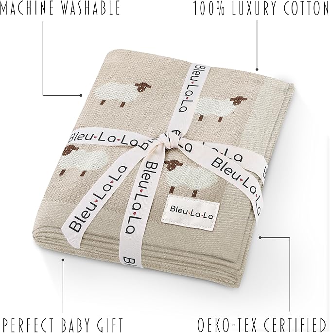 Baby Swaddle Blanket - 100% Luxury Cotton Knit Soft Cozy Lightweight Unisex Receiving Crib Stroller Quilt Blanket for Shower Gift Registry for Newborns Infants Toddlers (Sheep - Khaki)