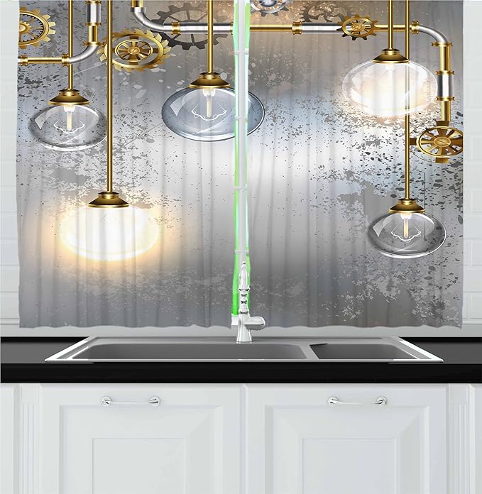 Ambesonne Industrial Kitchen Curtains, Steampunk Style Antique Composition Brass Fastening Round Print, Window Drapes 2 Panel Set for Kitchen Cafe Decor, 55" x 36", Gold Grey