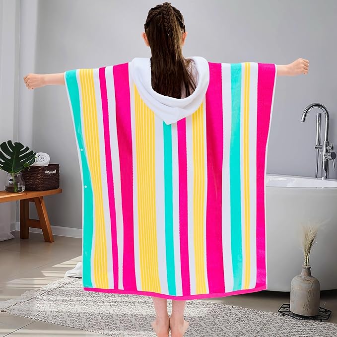 VOOVA & MOVAS Big Kids Cotton Poncho Towels with Hood (8-16Years), Thick Poncho Towel Robe for Kids, Perfect for Pool, Beach, Bath and Gifts, Red Green Yellow Stripe