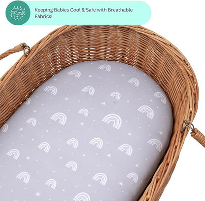 TansyPanda Bassinet Sheets for Munchkin Brica Pod, 4moms MamaRoo, Nordmiex, Beberoad Travel Bassinet, 3PC, 18 x 30 Inch, Ultra Soft, Breathable, Snug Fit, Unisex Boys and Girls (Woodland Rainbow)