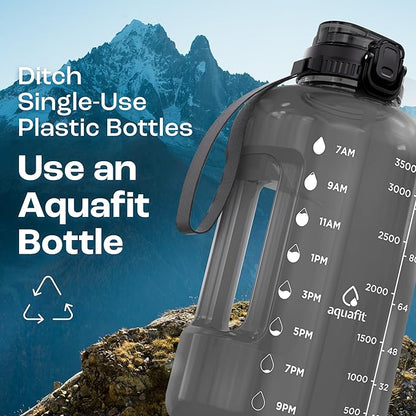 AQUAFIT 1 Gallon Water Bottle with Time Marker - BPA Free 128 oz Water Bottle with Straw, Gym Water Bottle with Handle, 1 Gallon Water Jug, Big Water Bottle, Large Water Bottle (Gray)