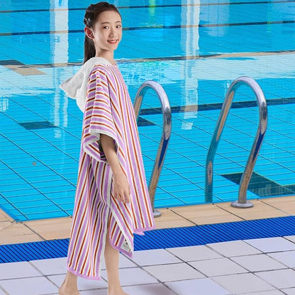 VOOVA & MOVAS Big Kids Poncho Towels with Hood - Girl | Teens (8-16Years) Hooded Pool Towel, Large and Absorbent Cotton Towel Robe - Versatile for Pool, Beach,Swim, and Bath, Orange&Purple