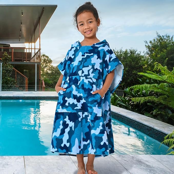 VOOVA & MOVAS Toddler Towels Robe, 4-8 Years, 100% Cotton Poncho Towel, Absorbent Thick Hooded Towel Dress for Boys | Girls,Surf Poncho for Pool | Beach | Bath | Swim, Blue Camo