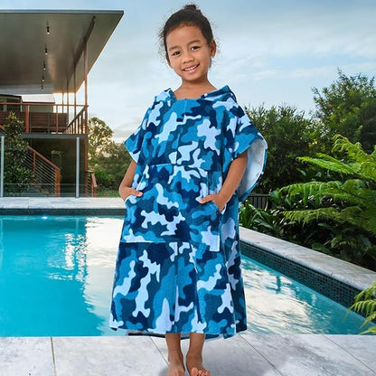 VOOVA & MOVAS Toddler Towels Robe, 4-8 Years, 100% Cotton Poncho Towel, Absorbent Thick Hooded Towel Dress for Boys | Girls,Surf Poncho for Pool | Beach | Bath | Swim, Blue Camo