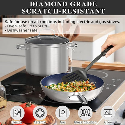 Nuwave Healthy Duralon Blue Ceramic Nonstick Cookware Set, Diamond Infused Scratch-Resistant, PFAS Free, Dishwasher & Oven Safe, Induction Ready & Evenly Heats, Tempered Glass Lids & Stay-Cool Handles