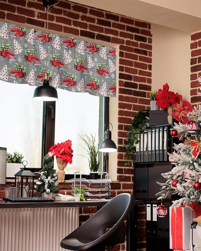 Red Truck Christmas Valance Curtains for Kitchen Windows Merry Christmas Tree Rod Pocket Window Treatment Toppers for Kitchen/Living Room/Bedroom/Bathroom, 60" X 18", Winter Snowflake Grey
