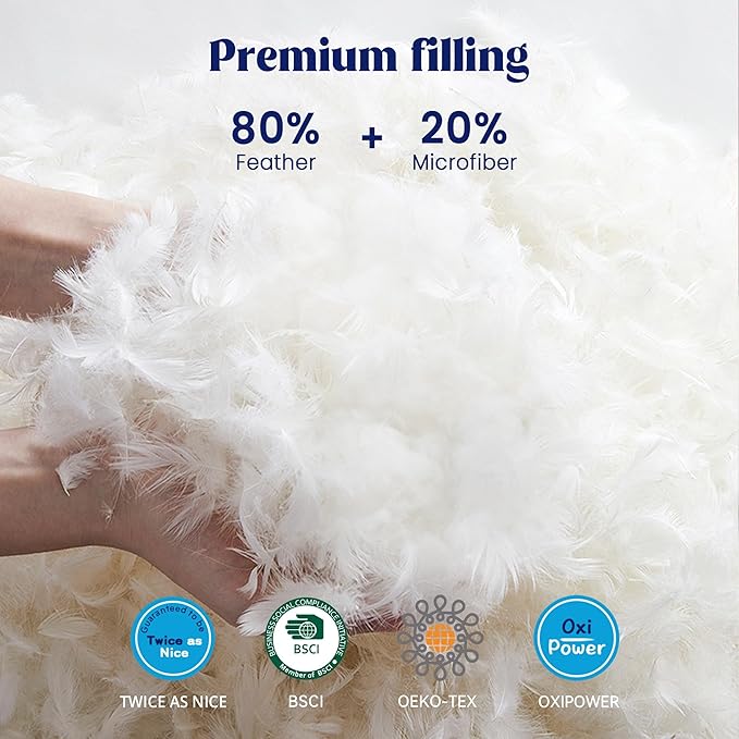 puredown® Feather Pillows with 100% Cotton Cover, Set of 2 Gusseted Bed Pillows with Silver Piping for Sleeping, King Size