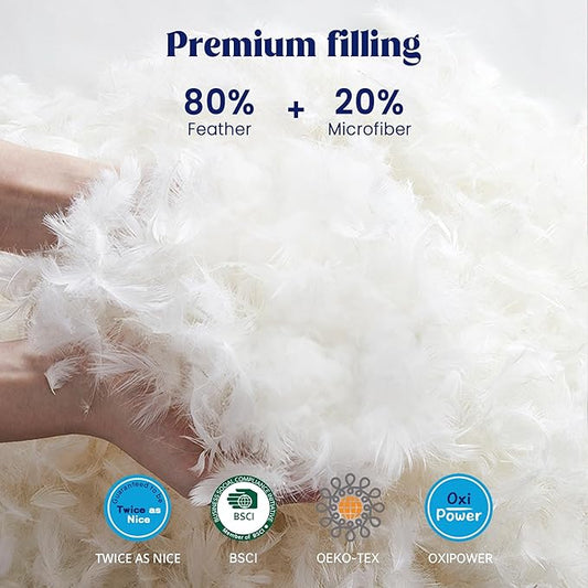 puredown® Feather Pillows with 100% Cotton Cover, Set of 2 Gusseted Bed Pillows with Silver Piping for Sleeping, King Size
