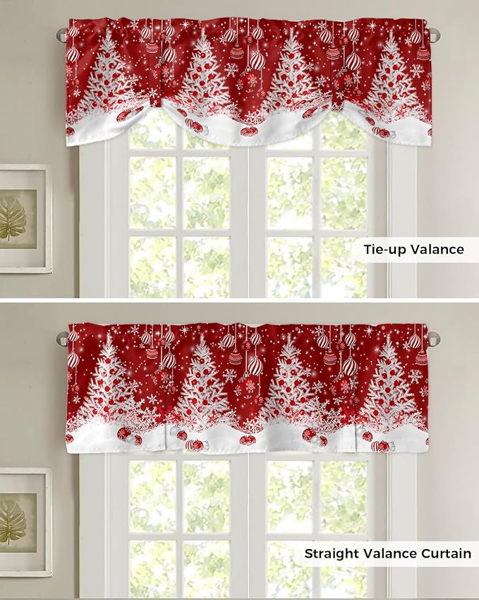 Red Christmas Blackout Tie Up Valance Curtains for Kitchen Windows White Xmas Tree Snowflakes Red Balls Window Toppers Balloon Shades for Living Room/Bathroom/Bedroom,1 Panel, 42" X 12", Winter