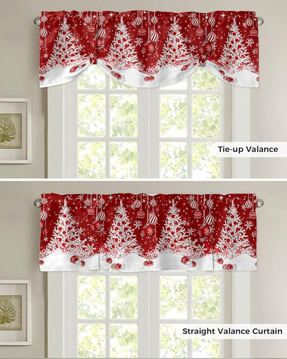 Red Christmas Blackout Tie Up Valance Curtains for Kitchen Windows White Xmas Tree Snowflakes Red Balls Window Toppers Balloon Shades for Living Room/Bathroom/Bedroom,1 Panel, 42" X 12", Winter