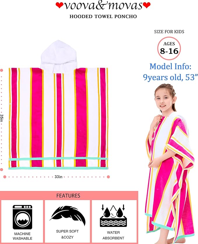 VOOVA & MOVAS Hooded Beach Towels for Boys| Girls | Teens (8-16Years), 100% Cotton Thick Poncho Towel Robe for Kids, Perfect for Pool, Beach, Bath and Gifts,Red Yellow Stripe