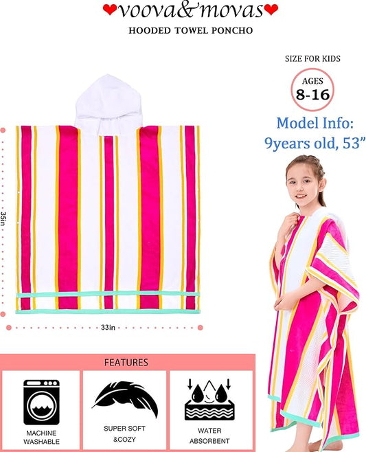 VOOVA & MOVAS Hooded Beach Towels for Boys| Girls | Teens (8-16Years), 100% Cotton Thick Poncho Towel Robe for Kids, Perfect for Pool, Beach, Bath and Gifts,Red Yellow Stripe