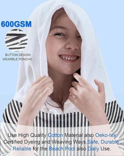 VOOVA & MOVAS Hooded Beach Towel for Big Kids | Large (8-16Years) Soft and Absorbent Cotton Poncho Towel Robe for Pool, Swim, and Bath Black White Stripe