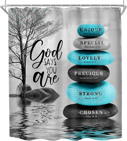 MESHELLY Zen Stone Bible Verse Shower Curtain 60Wx72H Teal Blue Spa Relaxing Meditation Massage Quotes Bathroom Curtain Black Tree Inspirational Bath Curtain Gray Bathroom Decor Fabric with 12 Hooks
