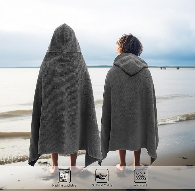 Hooded Bath Towel Wrap - 100% Cotton Popcorn Large Oversized Hooded Kids Towel - Toddler Shower Pool Beach Towel - 600 GSM - Soft Absorbent Quick Dry Easy Care Gift - 30x52 inches - Grey