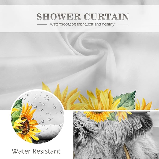 Aimego Long Farmhouse Shower Curtain - Rustic Western Highland Cow Sunflower Country Get Naked Funny Fabric Cloth Bath Shower Curtain Set with 12 Hooks Bathroom Decor Bathtub Curtain, 72"x78"