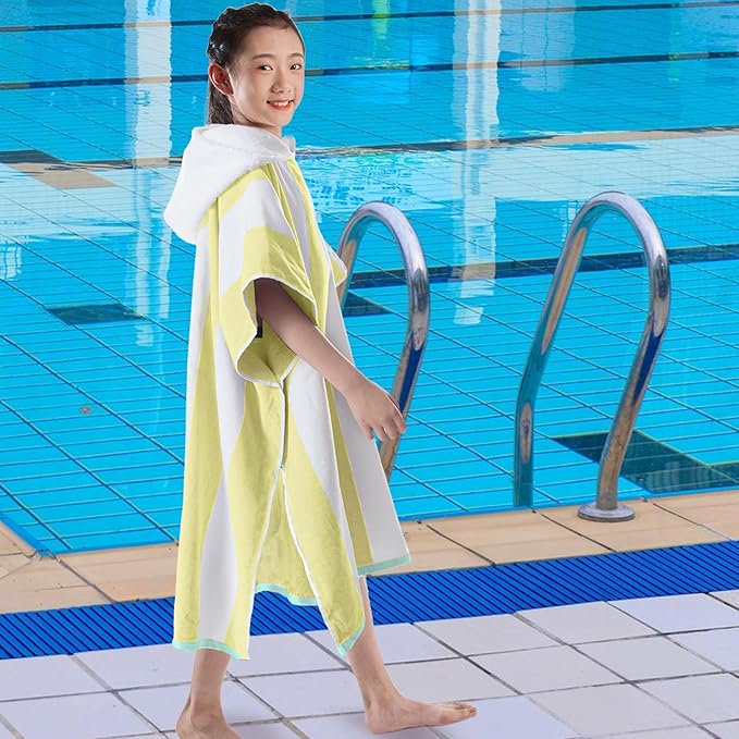 VOOVA & MOVAS Big Kids Hooded Towel Poncho | Large, Soft, Absorbent Cotton Towel Robe | 8-16Years | Versatile for Pool, Swim,Beach and Bathroom | Yellow Cabana Stripe