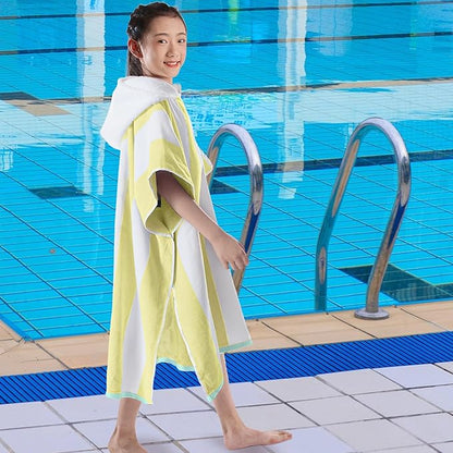 VOOVA & MOVAS Big Kids Hooded Towel Poncho | Large, Soft, Absorbent Cotton Towel Robe | 8-16Years | Versatile for Pool, Swim,Beach and Bathroom | Yellow Cabana Stripe