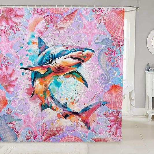 Feelyou Watercolor Shark Fabric Shower Curtain Under Sea Animals Themed Shower Curtain for Kids Pink Shells and Corals Bathroom Waterproof Accessories with 12 Hooks Ombre Curtains,72X78 Inches