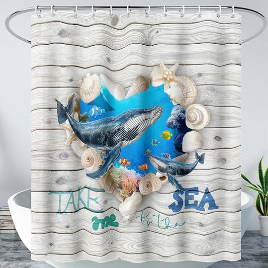 AILONEN 3D Printed Whale Shower Curtain, Ocean Sea Animal Wooden Style Bathroom Curtain,Shell Coast Whale Bath Curtain,72" W*78" H Polyester Waterproof Bathroom Curtain with 12 Hooks