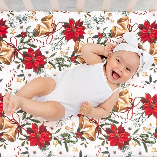 JISEN Baby Crib Sheet 1 Piece Portable Fitted Crib Sheet for Standard Crib and Toddler Mattresses Nursery Bed Decor for Boys Girls 28x52 Inch Christmas Flower