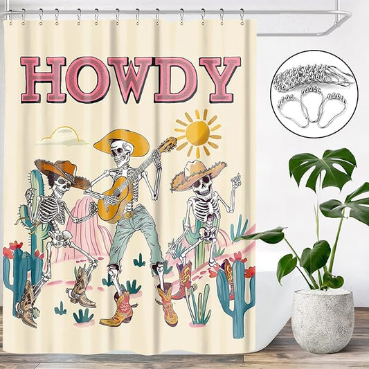 Funny Gothic Skull Shower Curtain Western Skeleton Shower Curtains for Bathroom Decor Waterproof Polyester Fabric Country Mountain Cactus Bathroom Curtain with Hooks 72x72 Inch