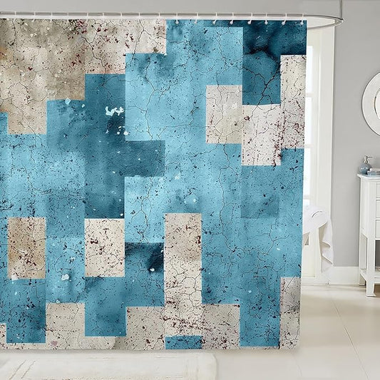 Feelyou Kids Geometric Blue Bathroom Shower Curtain Set Geometry Bath Curtain Boys Girls for Checkered Shower Curtain Modern Art Teens Bathroom Accessories Room Decor 72"x78"