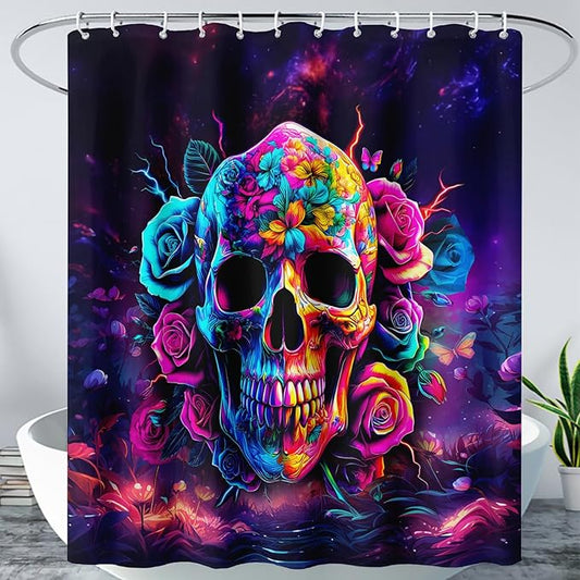 AILONEN Sugar Skull Shower Curtain for Bathroom,Romantic Rose Flower Skull Bath Curtain Decoration,Colorful Skeleton Print Waterproof Purple Curtain with 12 Plastic Hooks, 36" W*72" H
